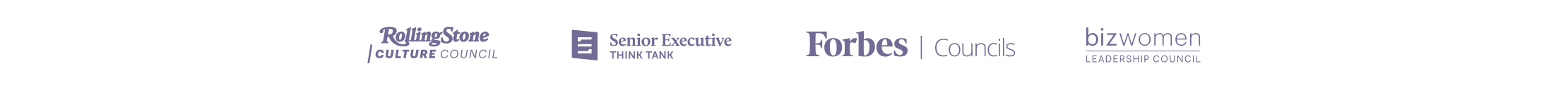 Logos of Rolling Stone Culture Council, Senior Exec Media, Forbes Councils, and BizWomen Leadership Council.