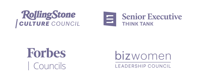 Logos of Rolling Stone Culture Council, Senior Exec Media, Forbes Councils, and BizWomen Leadership Council.